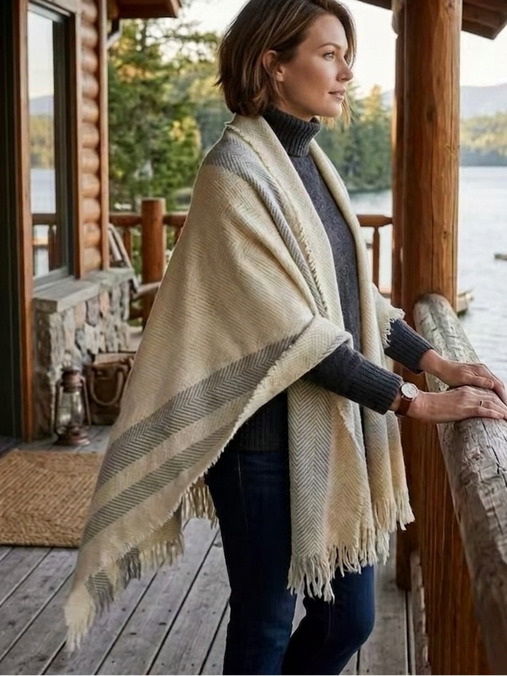 Johnston Murphy Creamy Tan Herringbone Stripe Fringe Acrylic Blanket Scarf Shawl